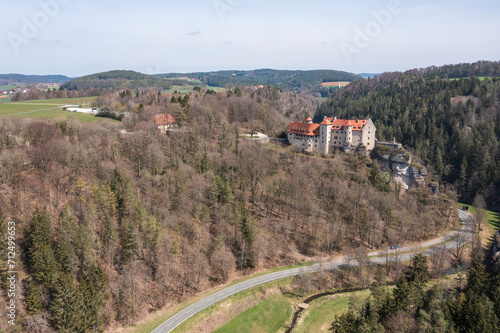 Aerial view of Rabenstein Castle near Ahorntal/Germany in Upper Franconia in early spring photo