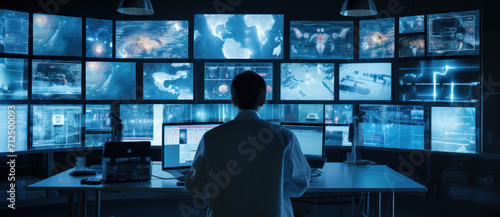 A vigilant analyst monitors a wall of surveillance screens displaying various live feeds, poised in a darkened control room, the epitome of modern surveillance
