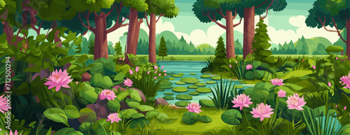 Beautiful forest landscape with pond and lotus flowers. Vector illustration