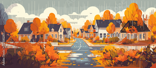 Cartoon style. rainy autumn in a small town with colored houses and yellow trees. Vector graphics