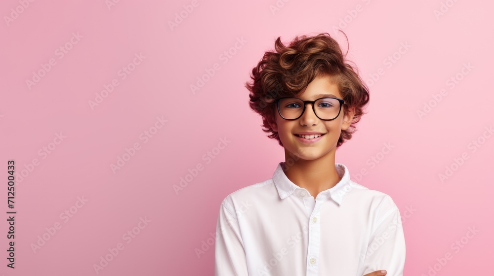 Portrait of a boy in a white shirt and glasses on a pink background