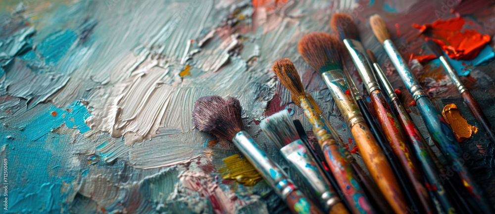 Fototapeta premium A vibrant tableau of creativity: paintbrushes lie scattered across a canvas awash with strokes of colorful paint