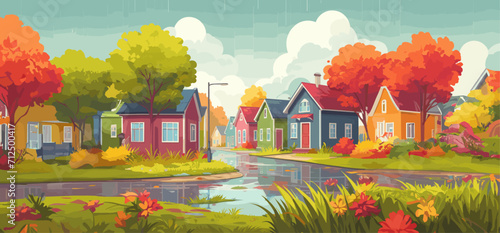 Cartoon style. a street with small colored houses. It's raining in autumn