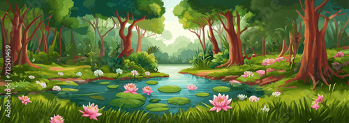 Cartoon style. A magical rainforest, a river flows with pink lotuses on it