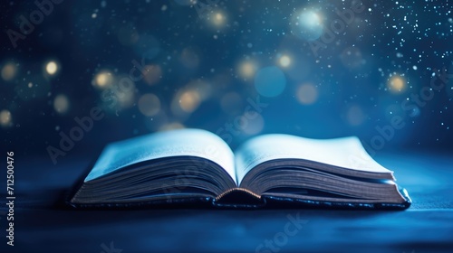 Magic book with open pages and abstract bokeh lights glowing on blue background - literature and education concept. new year and holiday