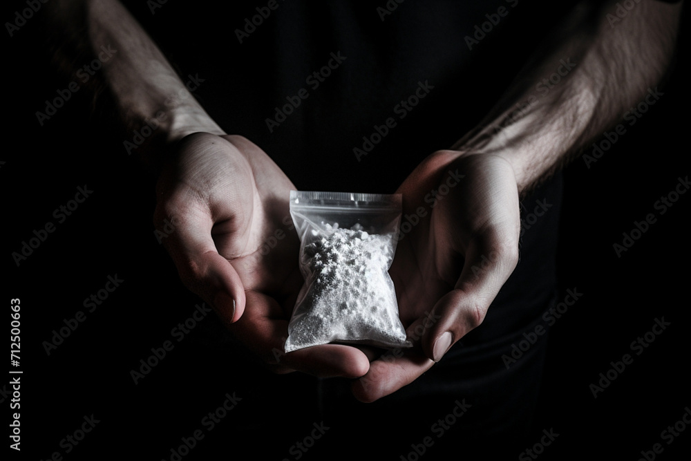 Packet with white narcotic in hand on black background, monochrome  - obrazy, fototapety, plakaty 