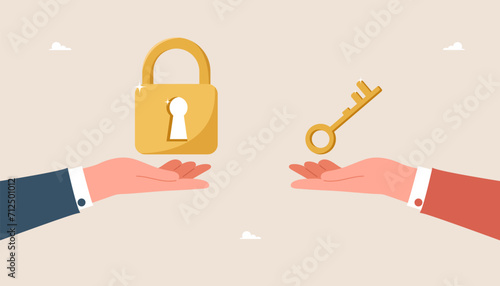 Find way out of difficult situation or solution to problem, secret key to achieve heights in business, motivation to discover new opportunities, web banner, large hands holding lock and key.