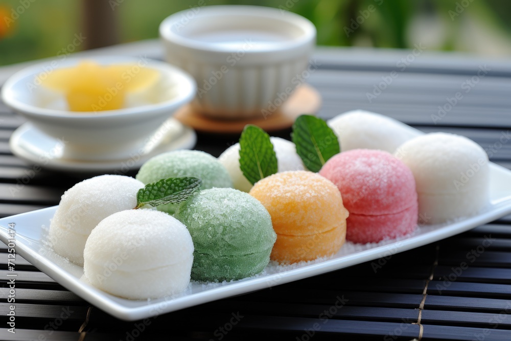 Mochi on japanese wooden plate. ai generated Mochi on japanese wooden plate. ai generated