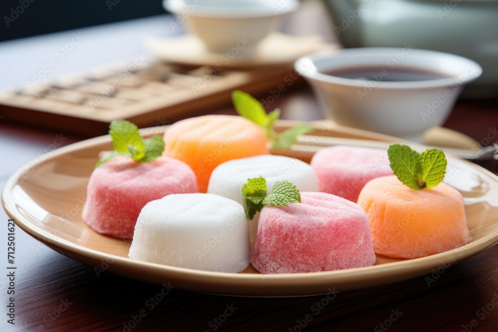 Mochi on japanese wooden plate. ai generated Mochi on japanese wooden plate. ai generated