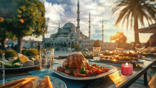 Delicious food for breaking the ramadan fast on a table in the mosque courtyard at evening. seamless timelapse looping 4k video animation background. generated with ai photo