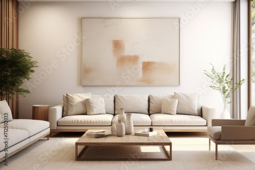 A coastal cozy living room with soft white sofa. Living room home interior design with soft beige wall background. © dwiadi14