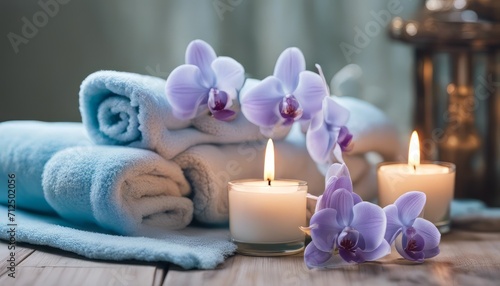 Spa salon light blue composition in wellness center. Spa still life background with aromatic candle