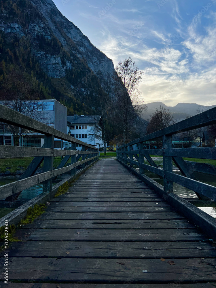The wooden bridge to the Hallstatt skywalk island, Hallstatt, Austria.