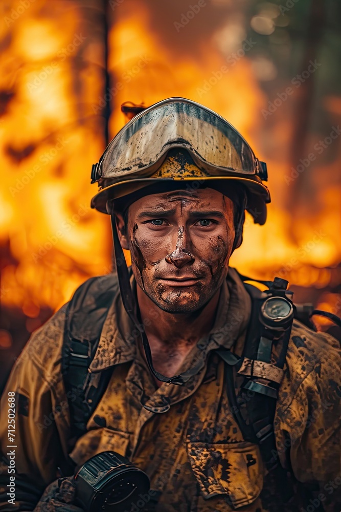 Portrait of a middle aged tired firefighter in safety uniform and a helmet