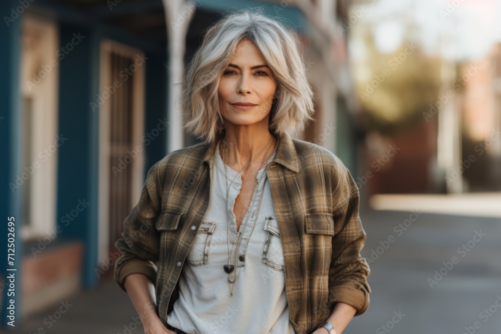 Outdoor portrait of beautiful senior woman with short gray hair wearing casual clothes