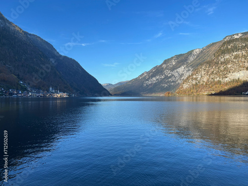 The famous village of Hallstatt across the lake, viewed from the Hallstatt Skywalk island, Hallstatt, Austria.