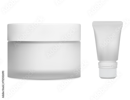 Cream jar mockup. Face cream glass container blank. Lip moisturizer plastic tube. Medicine scrub or balm round jar template. Eye gel squeeze tube, cosmetic ointment pack.