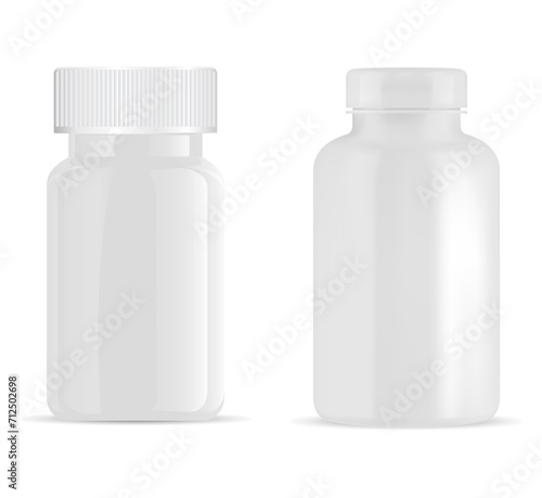 Medicine pill bottle mockup, realistic shiny vector blank. Isolated supplement jar with lid, plastic vitamin container template for pharmacy remedy product. Health cure capsule cylinder bottle