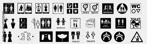 Toilet line icon set. WC sign. Men,women,mother with baby and handicap symbol. Restroom for male, female, transgender, disabled. Vector graphics