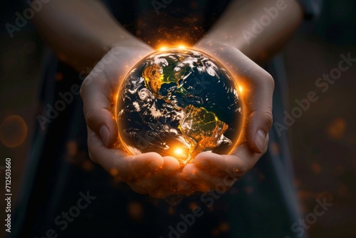 Earth day reflection Hands present globe, symbolizing energy consumption awareness at night