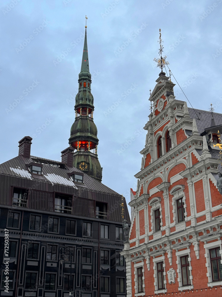 Obraz premium Evangelical Lutheran Church of Latvia St. Peter's Church Dome Cathedral Baroque in Christmas winter twilight
