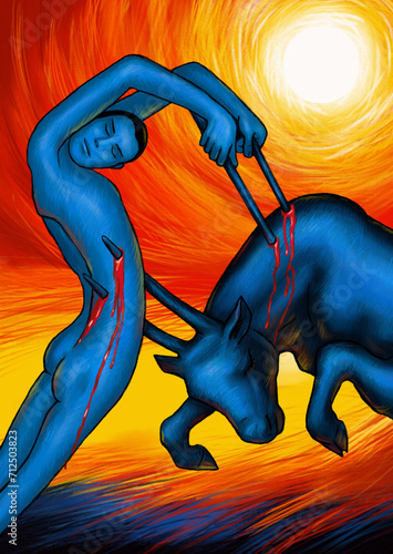Bright colorful expressive scene of a person male matador fighting with a bull Spanish bullfight
