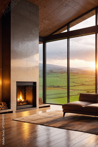  modern room with fireplace with large windows, countryside view, rainy day, epic, beautiful lighting, inpsiring