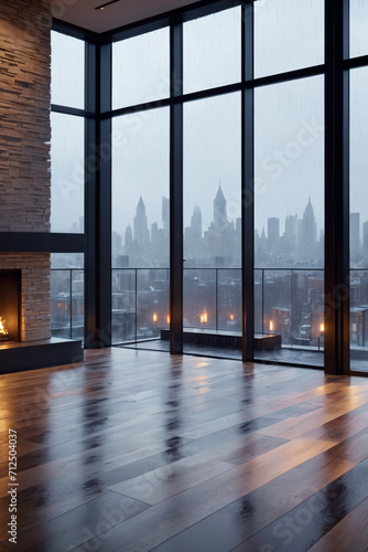 modern room with fireplace with large windows  city street view  rainy day  epic  beautiful lighting  inpsiring