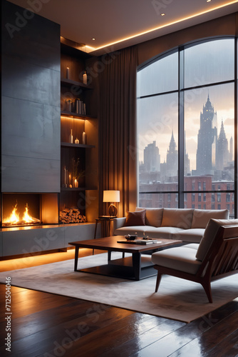 modern room with fireplace with large windows, city street view, rainy day, epic, beautiful lighting, inpsiring