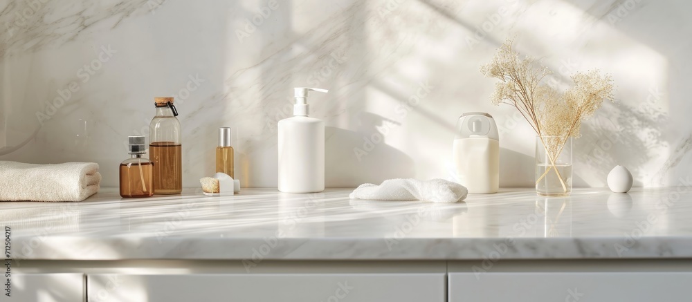 Eco-friendly natural detergents for white marble table in kitchen, space for text. Eco-friendly natural detergents for white marble table in kitchen, space for text.
