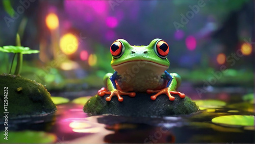 A frog sits on a leaf in water photo
