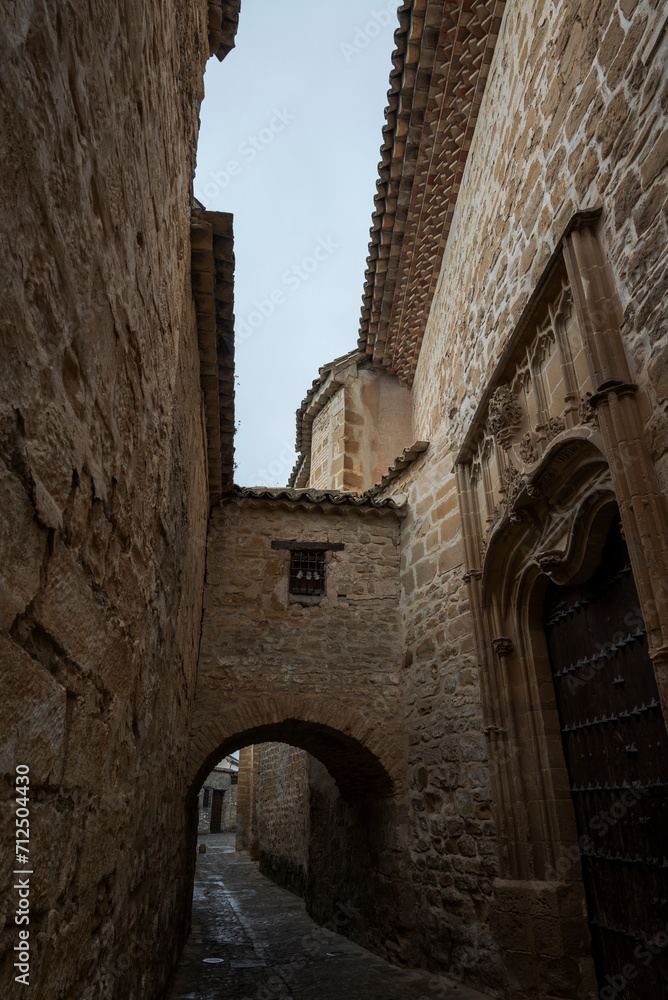 Street in the old town of the city of Baeza, by the Cathedral, in the province of Jaen, Spain. In 2003, UNESCO declared the historic centre and landmarks of the city a World Heritage Site