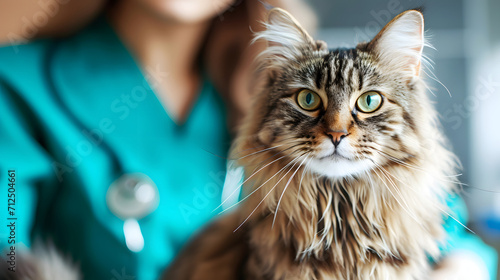 Female veterinarian holds sick cat close-up. Diagnostics of pets health clinic concept photo