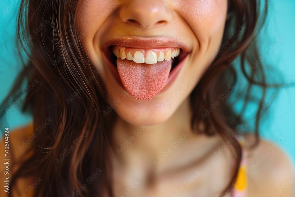 Close up funny portrait of smiling girl no eyes, bright shirt, countryside, showing her long tongue Close up funny portrait of smiling girl no eyes, bright shirt, countryside, showing her long tongue