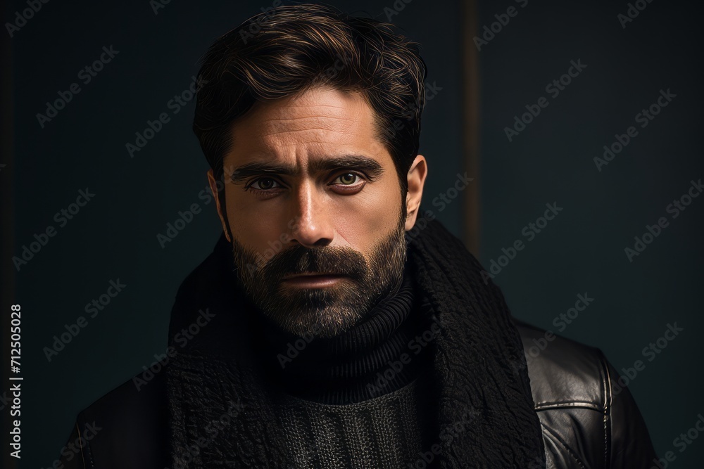 portrait of handsome bearded man in black jacket and scarf looking at camera