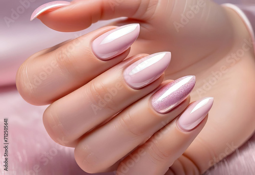 Fingers of a young woman s hand with beautiful pearlescent nail polish  Creative manicure with gel polish in a luxury beauty salon  Nail art and design  French manicure