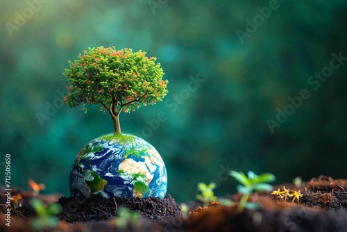 Photo Earth friendly power Tree and globe symbolize sustainable clean energy sources