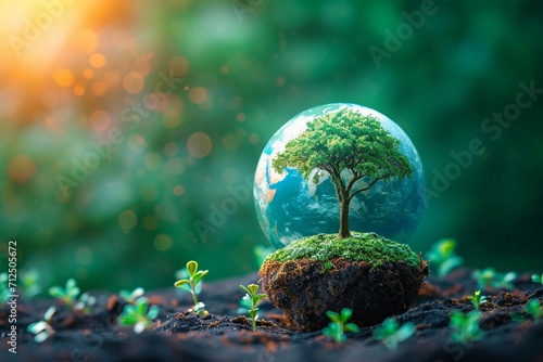Photo Sustainable vision Tree and globe on green background represent renewable energy photo