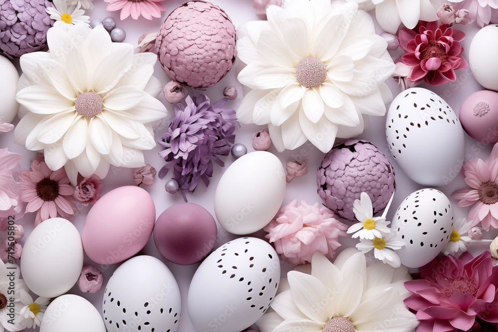 monochromatic Easter eggs and flowers on a white background. Happy Easter card
