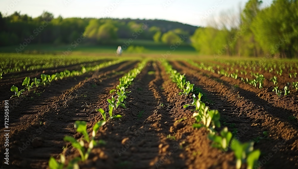 Obraz premium Field of young sprouts against a forest background. Concept of agriculture and spring growth.