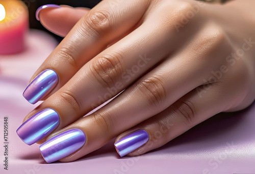 Fingers of a young woman's hand with beautiful pearlescent nail polish, Creative manicure with gel polish in a luxury beauty salon, Nail art and design, French manicure