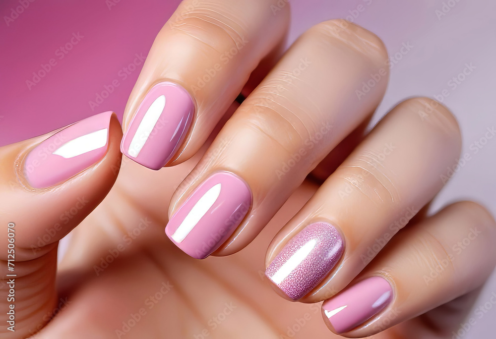 Fingers of a young woman's hand with beautiful pearlescent nail polish, Creative manicure with gel polish in a luxury beauty salon, Nail art and design, French manicure Fingers of a young woman's hand with beautiful pearlescent nail polish, Creative manicure with gel polish in a luxury beauty salon, Nail art and design, French manicure