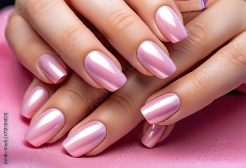 Fingers of a young woman s hand with beautiful pearlescent nail polish  Creative manicure with gel polish in a luxury beauty salon  Nail art and design  French manicure