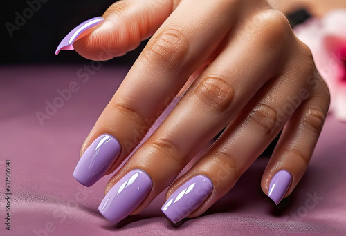 Fingers of a young woman's hand with beautiful pearlescent nail polish, Creative manicure with gel polish in a luxury beauty salon, Nail art and design, French manicure