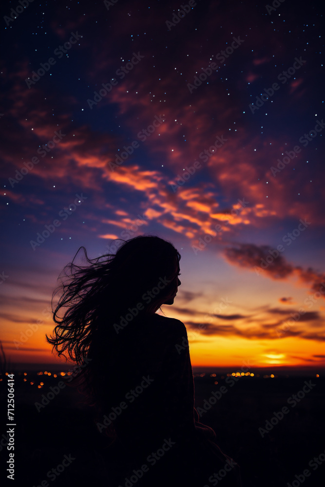 Silhouette of a beautiful young woman on the background of the starry sky