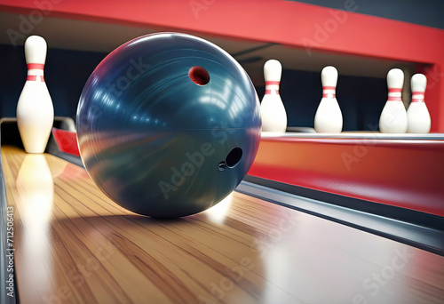 The pins fly off at speed from the bowling ball which hits the pins on the bowling line  Bowling strike  Bowling rest 
