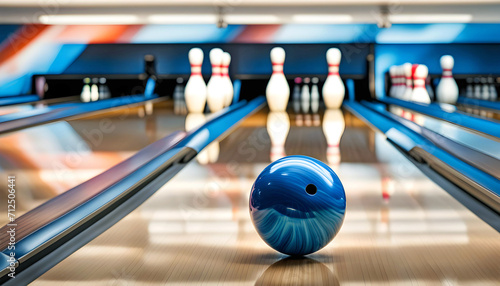 The pins fly off at speed from the bowling ball which hits the pins on the bowling line, Bowling strike, Bowling rest,