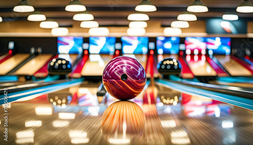 The pins fly off at speed from the bowling ball which hits the pins on the bowling line, Bowling strike, Bowling rest,