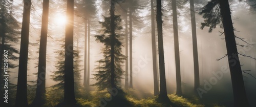 spruce treetops on a hazy morning. wonderful nature background with sunlight coming through the fog