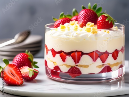 Berry dessert, cheesecake, trifle, mouse in a glass.. Dessert in glasses with fresh strawberries, whipped cream and biscuit. romentic Healthy food, vegan food. sugar, gluten and lactose free homemad. 